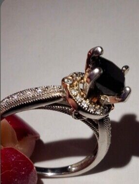 LeVian Luxury Goth Wedding Ring Black Diamond Blood Red  stone 10k white gold
